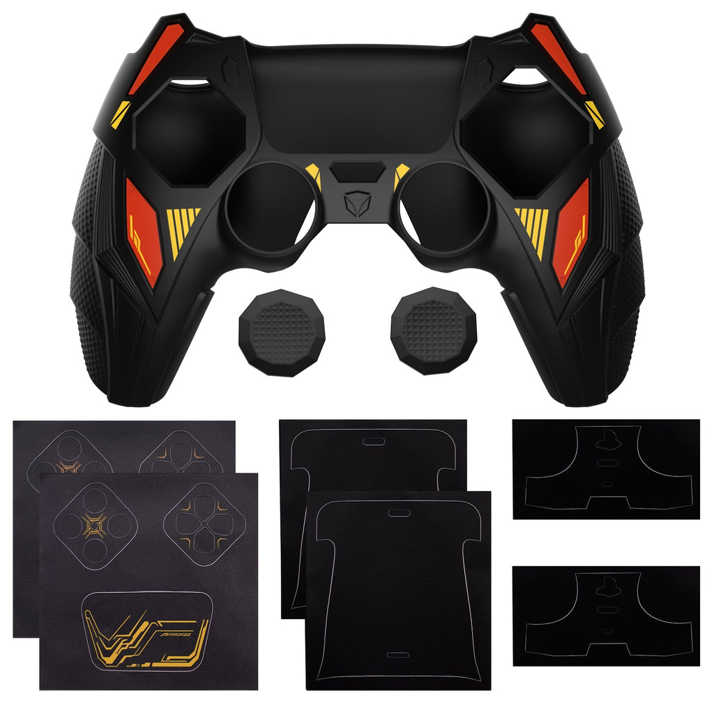 PlayVital Mecha Rhino Silicone Cover for PS5 Controller with Thumb Grips & Stickers, Compatible with Charging Station - Black & Caution Red PlayVital