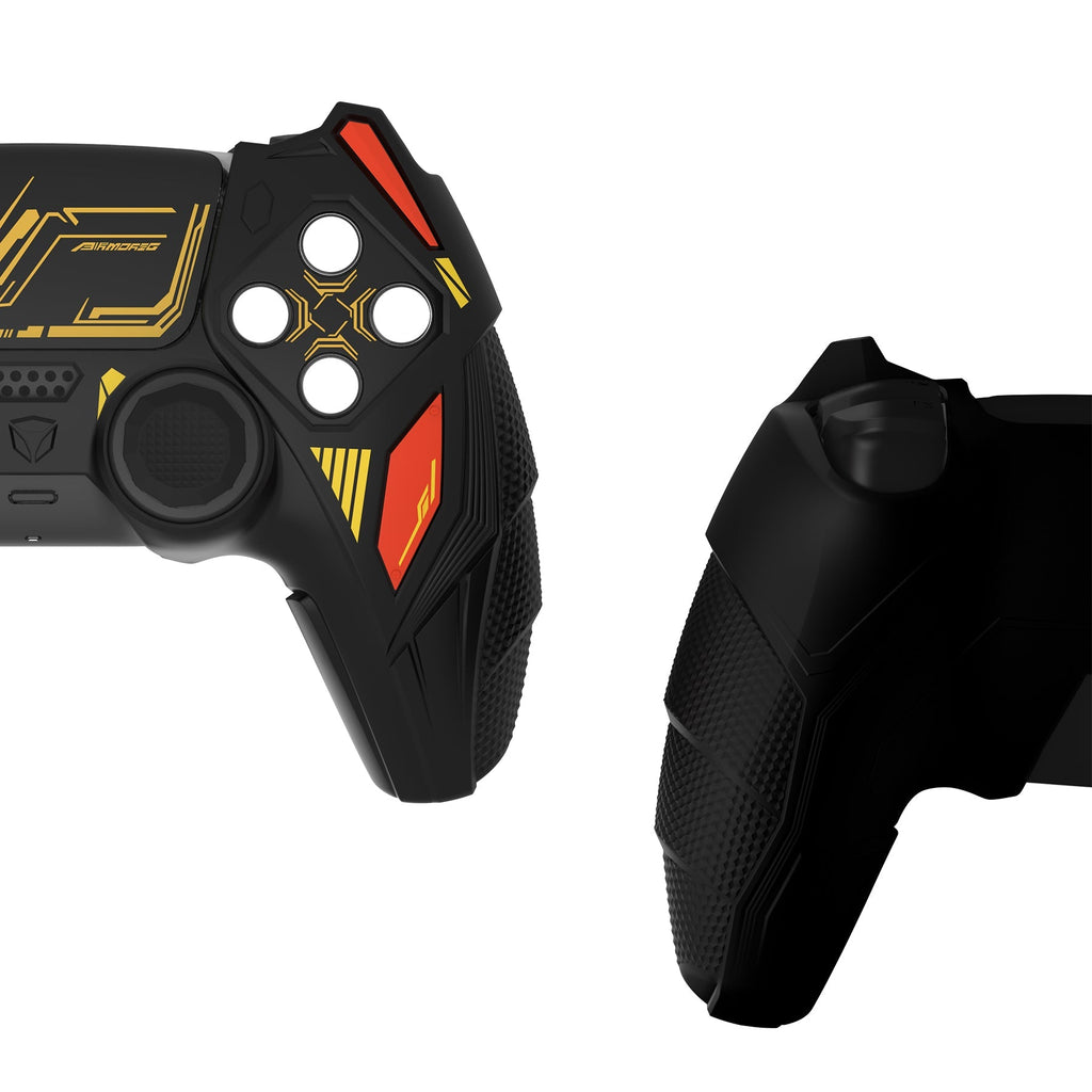 PlayVital Mecha Rhino Silicone Cover for PS5 Controller with Thumb Grips & Stickers, Compatible with Charging Station - Black & Caution Red PlayVital