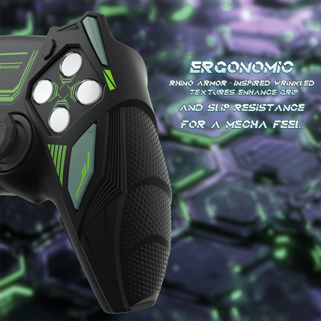PlayVital Mecha Rhino Silicone Cover for PS5 Controller with Thumb Grips & Stickers, Compatible with Charging Station - Black & Green PlayVital