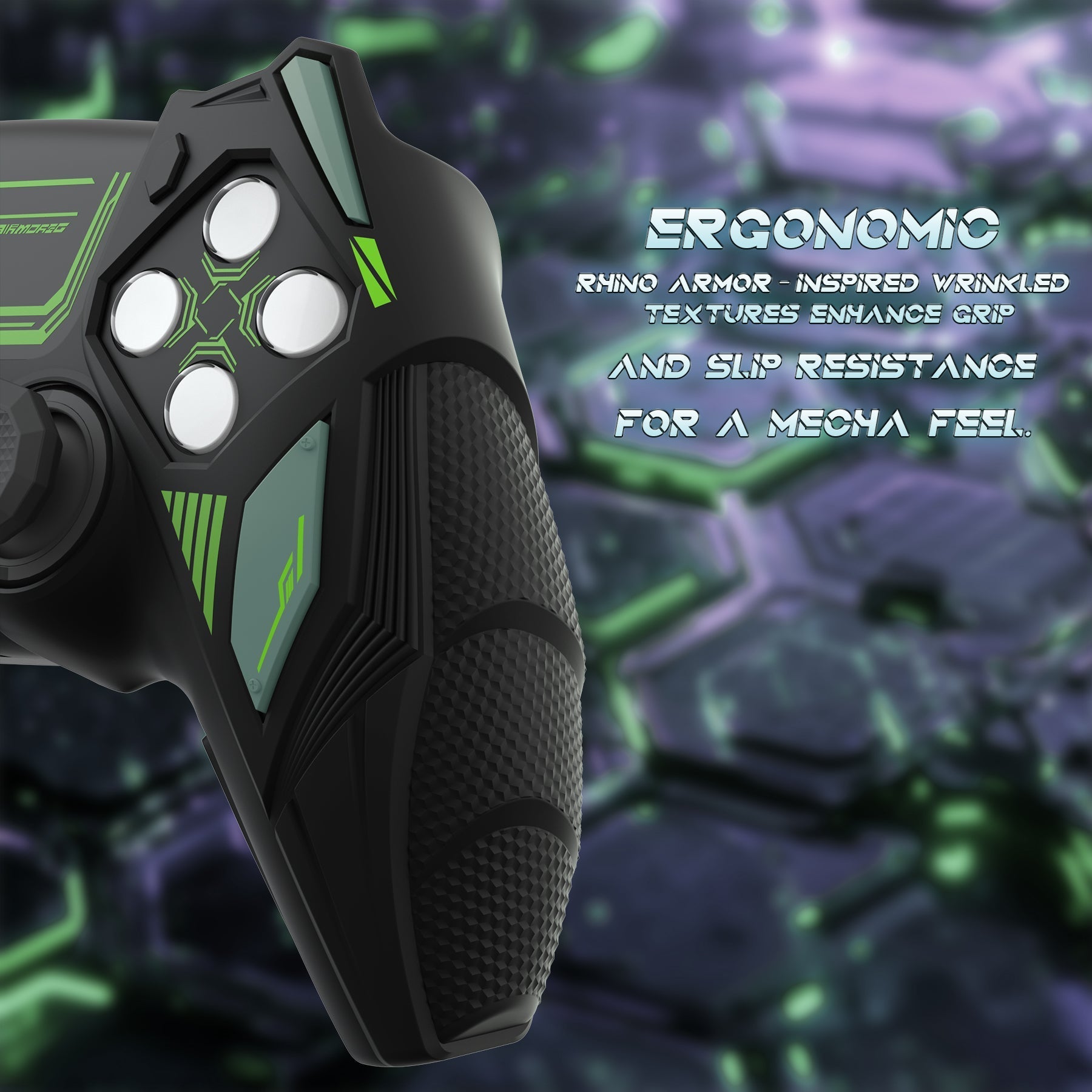 PlayVital Mecha Rhino Silicone Cover for PS5 Controller with Thumb Grips & Stickers, Compatible with Charging Station - Black & Green PlayVital
