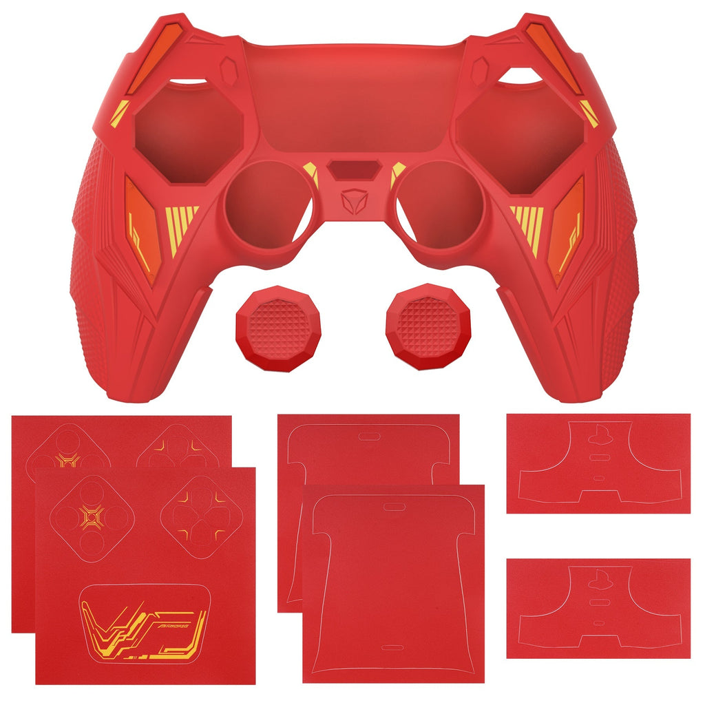 PlayVital Mecha Rhino Silicone Cover for PS5 Controller with Thumb Grips & Stickers, Compatible with Charging Station - Maple Red & Brick Red PlayVital