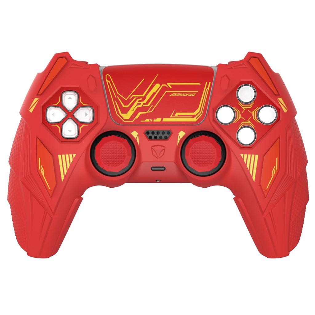 PlayVital Mecha Rhino Silicone Cover for PS5 Controller with Thumb Grips & Stickers, Compatible with Charging Station - Maple Red & Brick Red PlayVital