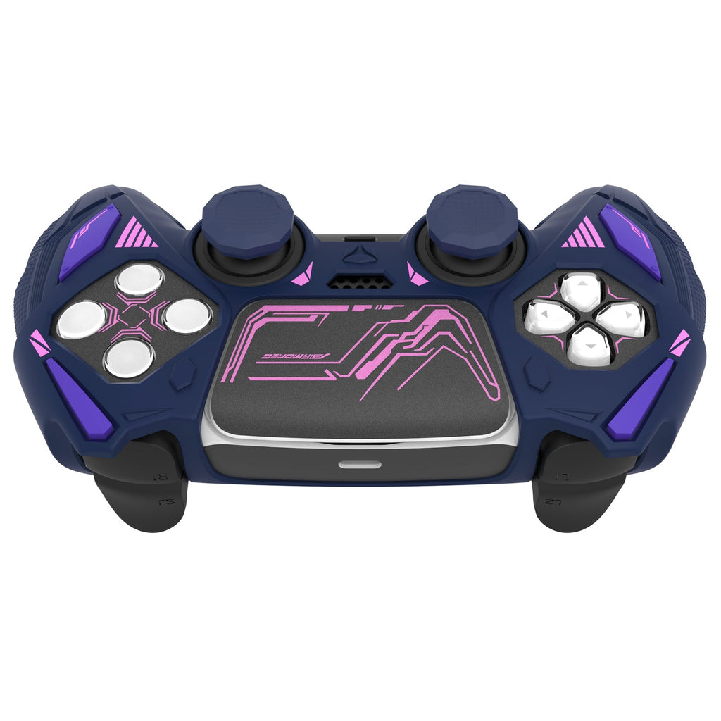PlayVital Mecha Rhino Silicone Cover for PS5 Controller with Thumb Grips & Stickers, Compatible with Charging Station - Midnight Blue & Purple PlayVital