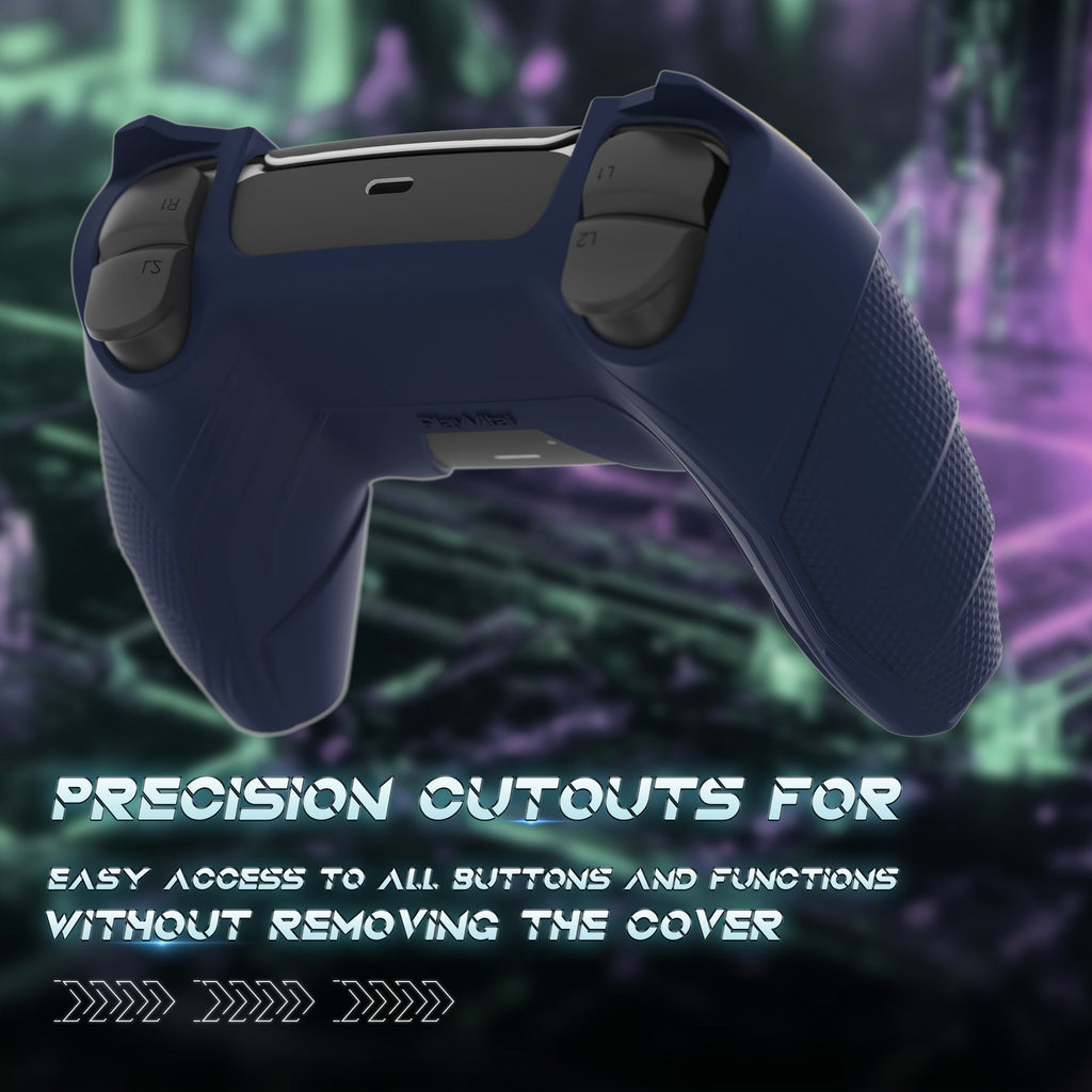 PlayVital Mecha Rhino Silicone Cover for PS5 Controller with Thumb Grips & Stickers, Compatible with Charging Station - Midnight Blue & Purple PlayVital