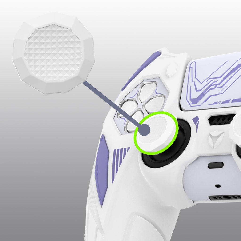 PlayVital Mecha Rhino Silicone Cover for PS5 Controller with Thumb Grips & Stickers, Compatible with Charging Station - White & Light Violet PlayVital