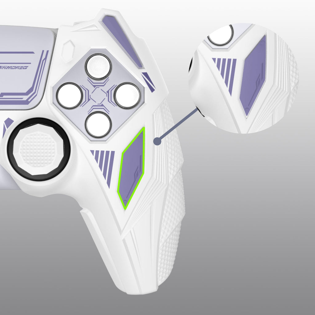 PlayVital Mecha Rhino Silicone Cover for PS5 Controller with Thumb Grips & Stickers, Compatible with Charging Station - White & Light Violet PlayVital
