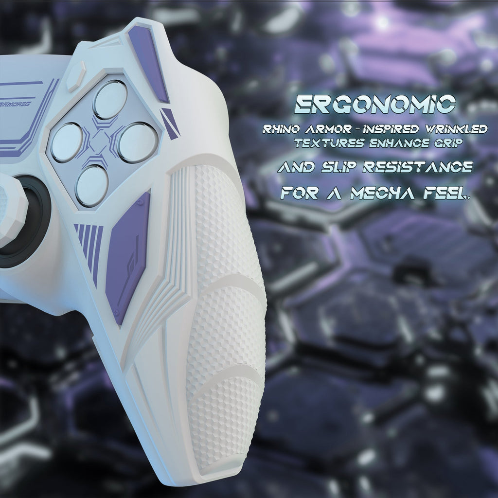 PlayVital Mecha Rhino Silicone Cover for PS5 Controller with Thumb Grips & Stickers, Compatible with Charging Station - White & Light Violet PlayVital