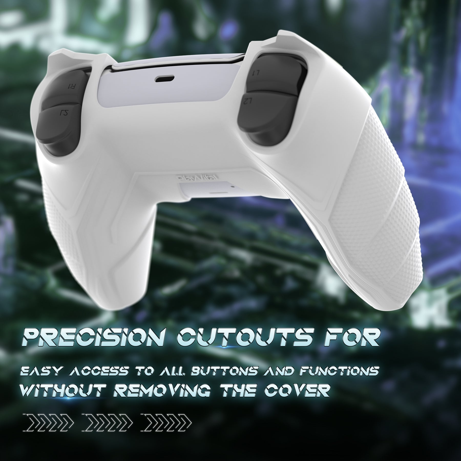 PlayVital Mecha Rhino Silicone Cover for PS5 Controller with Thumb Grips & Stickers, Compatible with Charging Station - White & Light Violet PlayVital