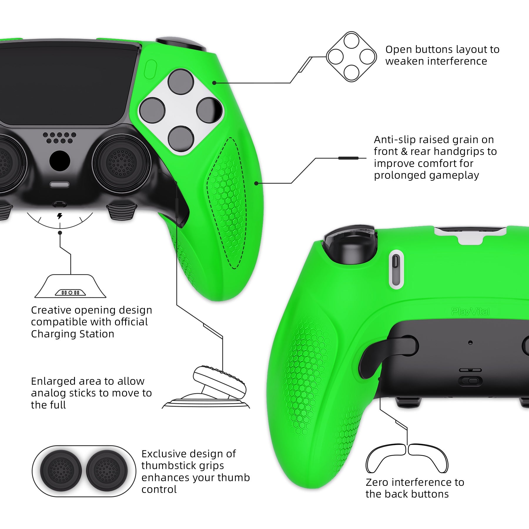 PlayVital Ninja Edition Anti-Slip Half-Covered Silicone Cover Skin with Thumb Grip Caps for PS5 Edge Controller - Green PlayVital