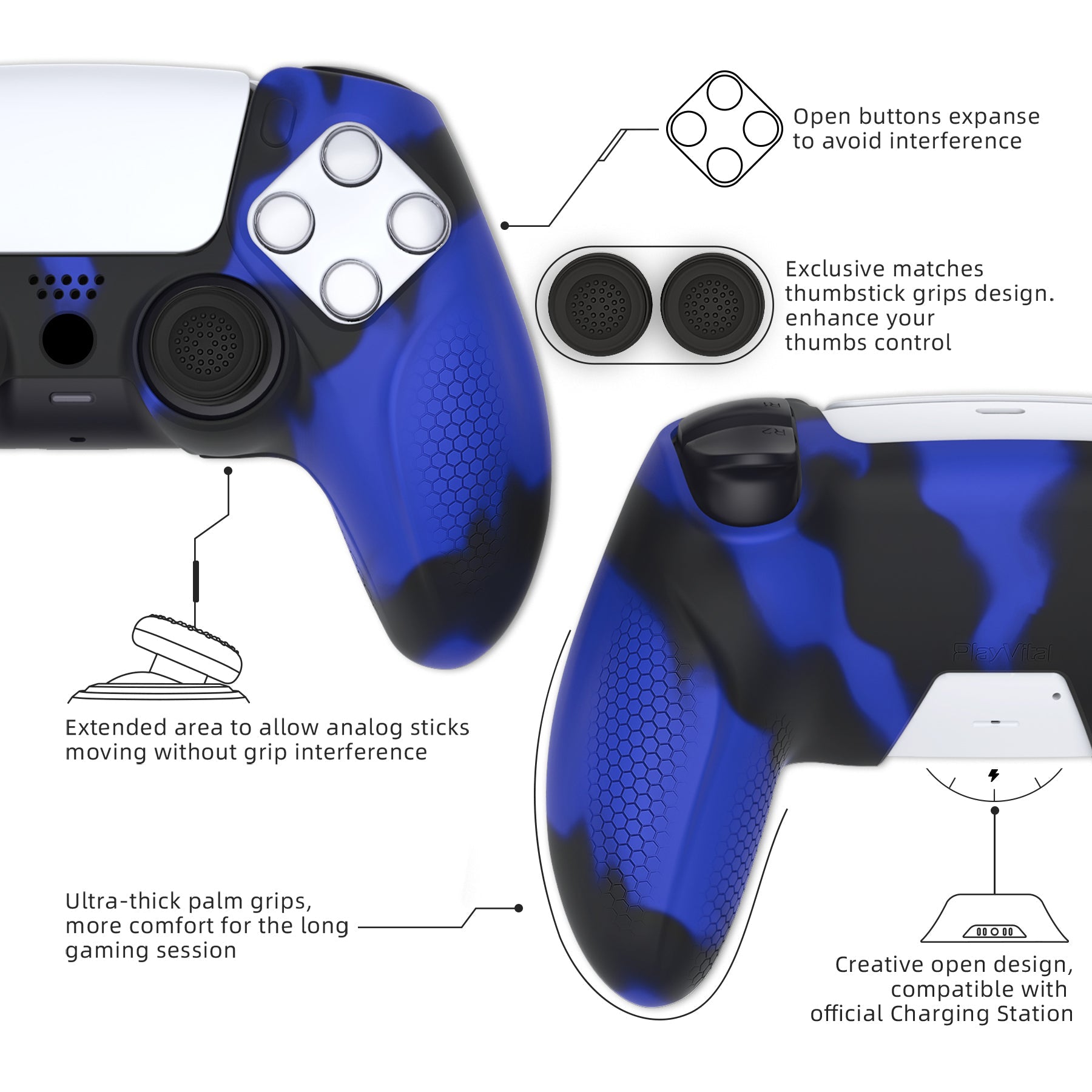 PlayVital Ninja Edition Anti-Slip Silicone Cover Skin with Thumb Grips for PS5 Wireless Controller, Compatible with Charging Station - Blue & Black PlayVital