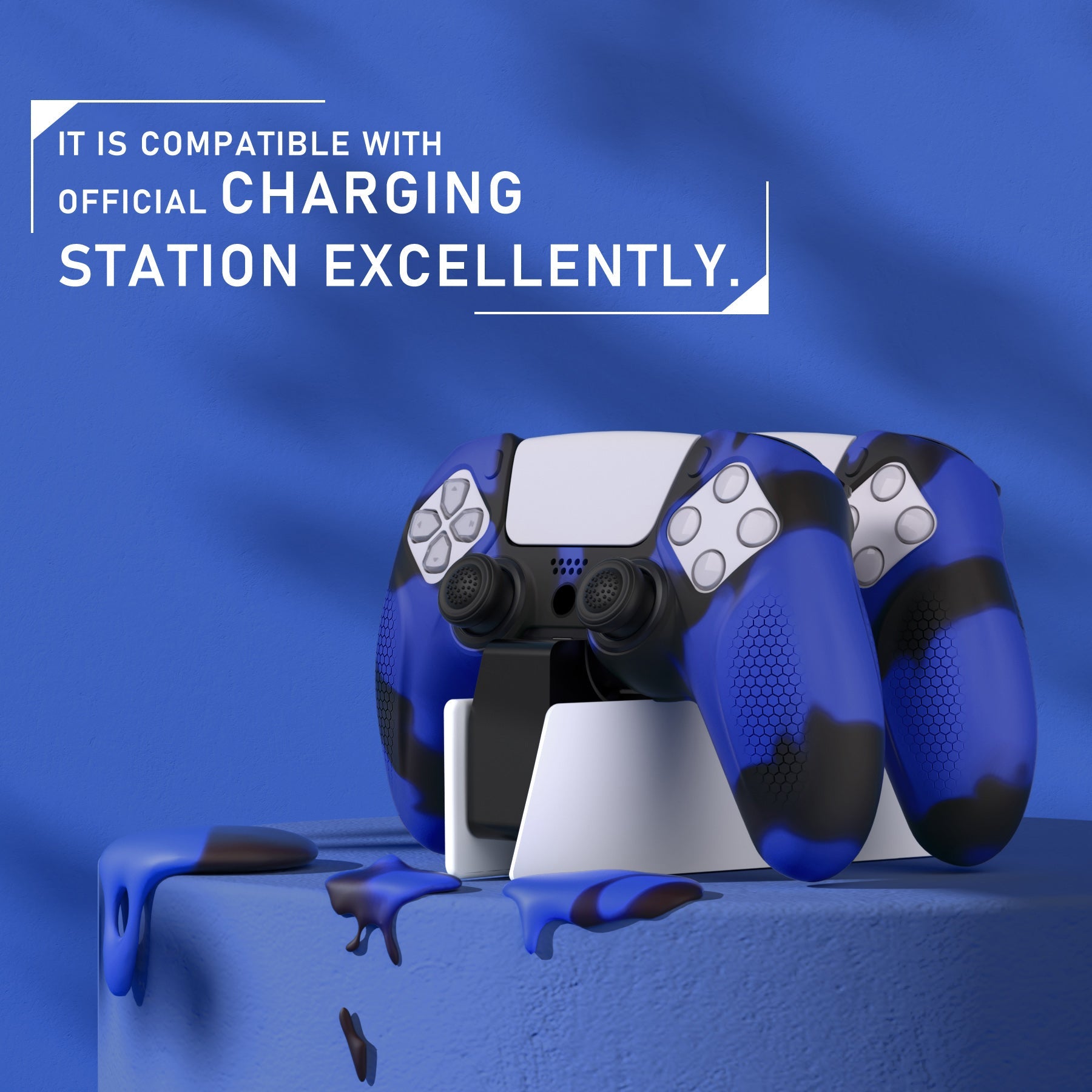 PlayVital Ninja Edition Anti-Slip Silicone Cover Skin with Thumb Grips for PS5 Wireless Controller, Compatible with Charging Station - Blue & Black PlayVital