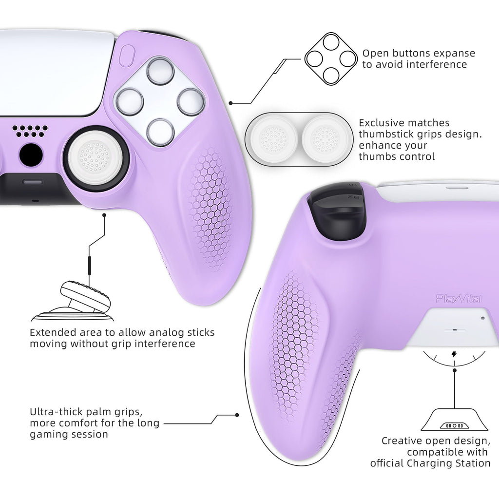 PlayVital Ninja Edition Anti-Slip Silicone Cover Skin with Thumb Grips for PS5 Wireless Controller, Compatible with Charging Station - Mauve Purple PlayVital
