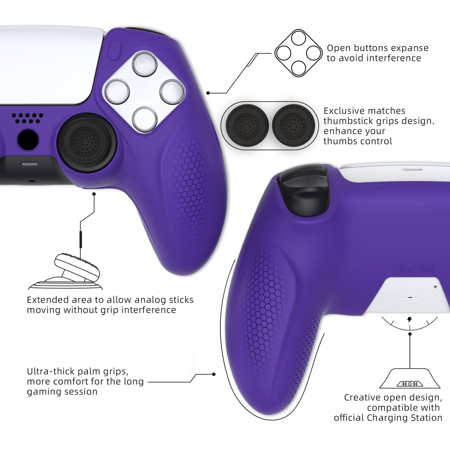 PlayVital Ninja Edition Anti-Slip Silicone Cover Skin with Thumb Grips for PS5 Wireless Controller, Compatible with Charging Station - Purple PlayVital