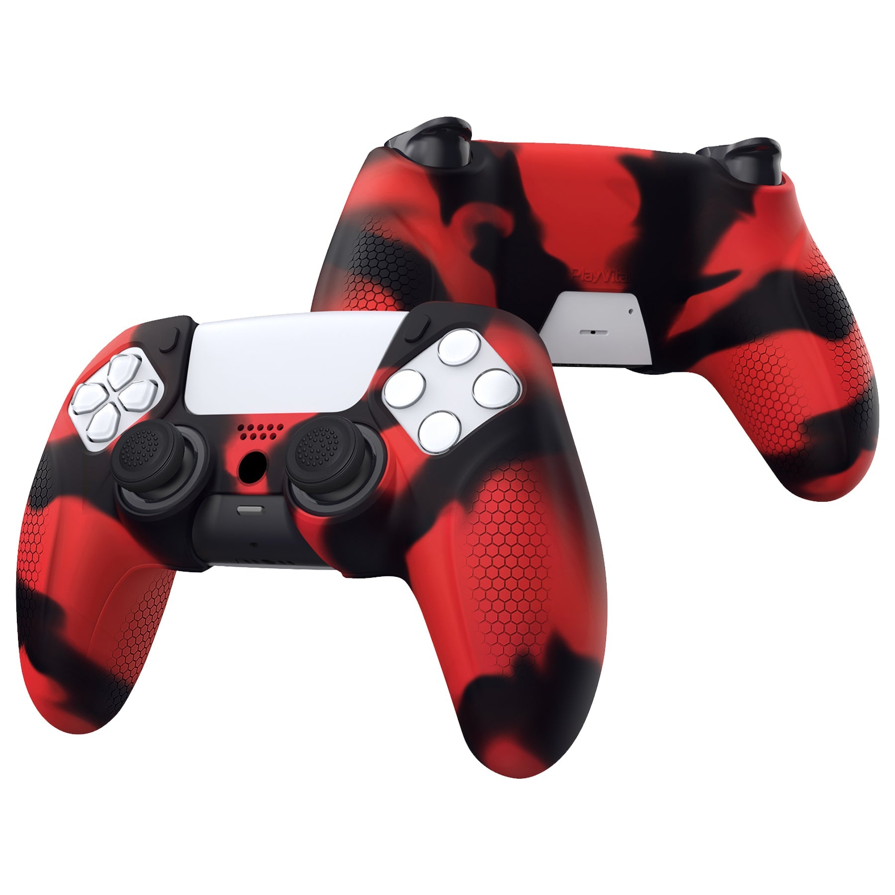 PlayVital Ninja Edition Anti-Slip Silicone Cover Skin with Thumb Grips for PS5 Wireless Controller, Compatible with Charging Station - Red & Black PlayVital