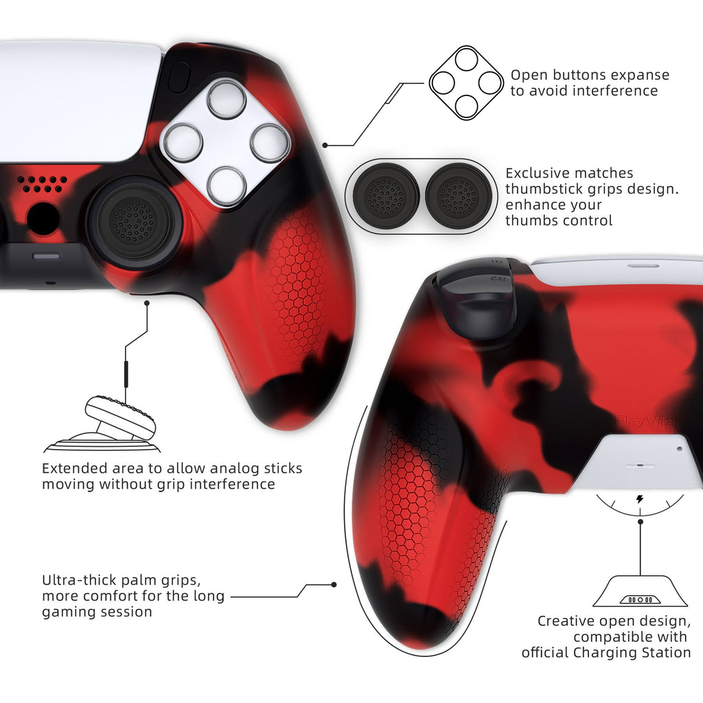 PlayVital Ninja Edition Anti-Slip Silicone Cover Skin with Thumb Grips for PS5 Wireless Controller, Compatible with Charging Station - Red & Black PlayVital