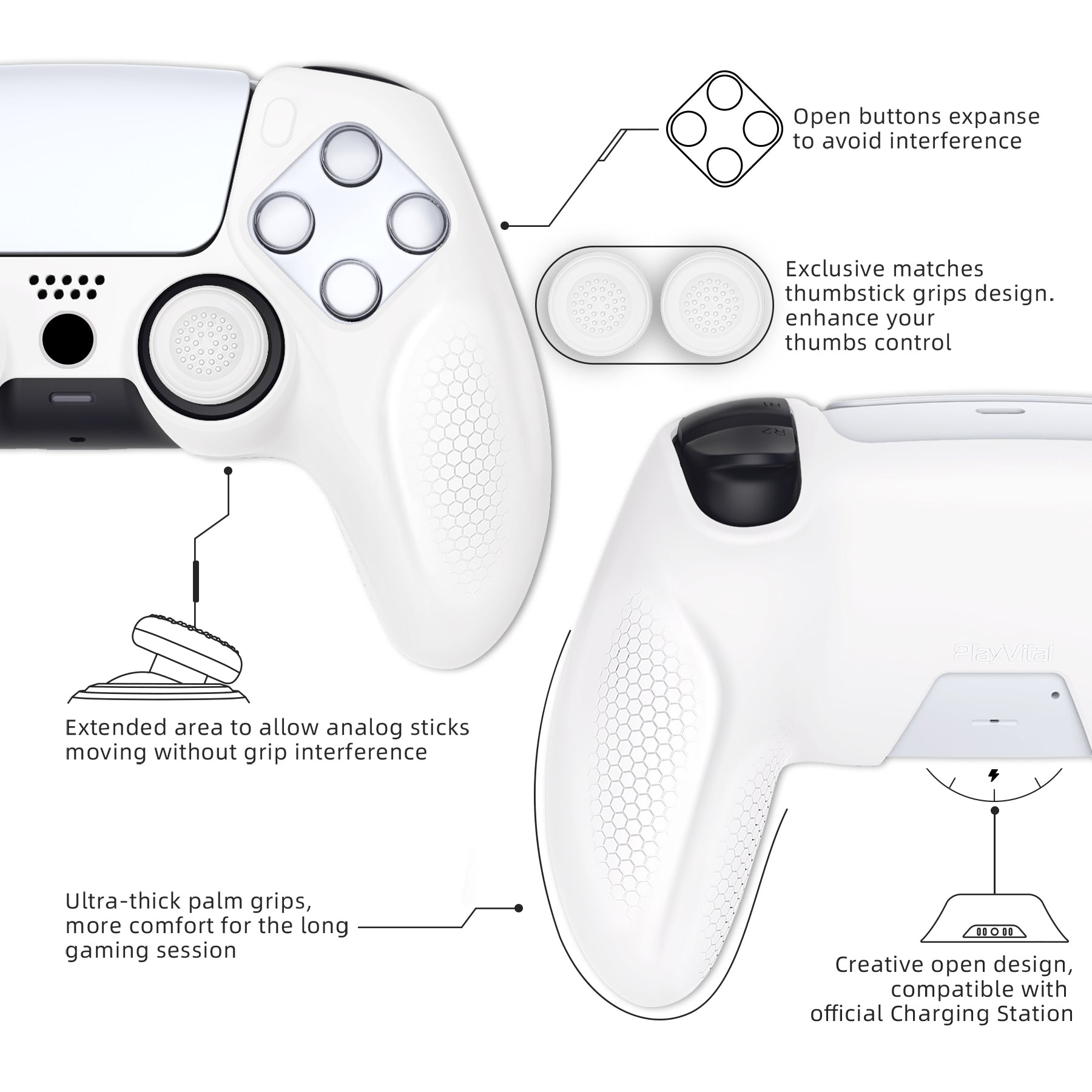 PlayVital Ninja Edition Anti-Slip Silicone Cover Skin with Thumb Grips for PS5 Wireless Controller, Compatible with Charging Station - White PlayVital
