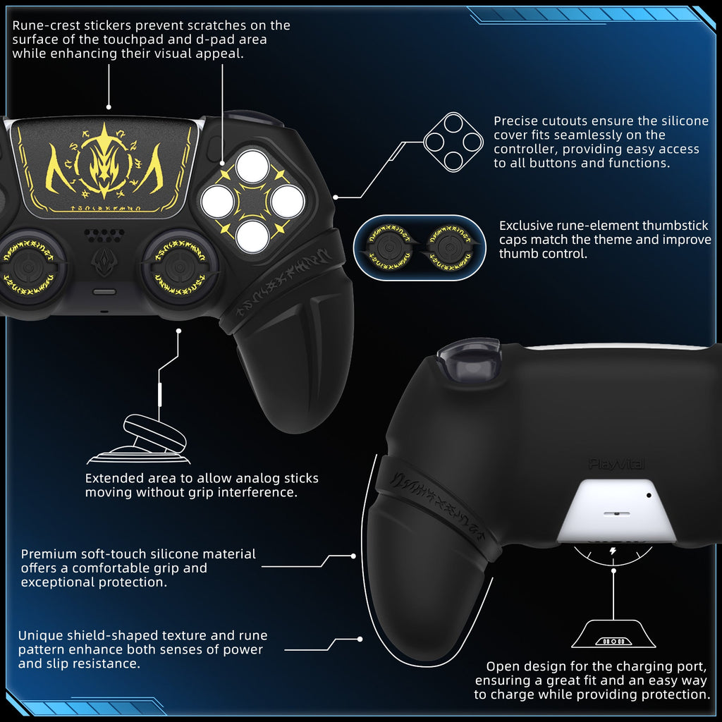 PlayVital Runes Edition Silicone Cover Skin for PS5 Controller with Thumb Grips & Touchpad Skin & D-pad Area Sticker, Compatible with PS5 Charging Dock - Black PlayVital
