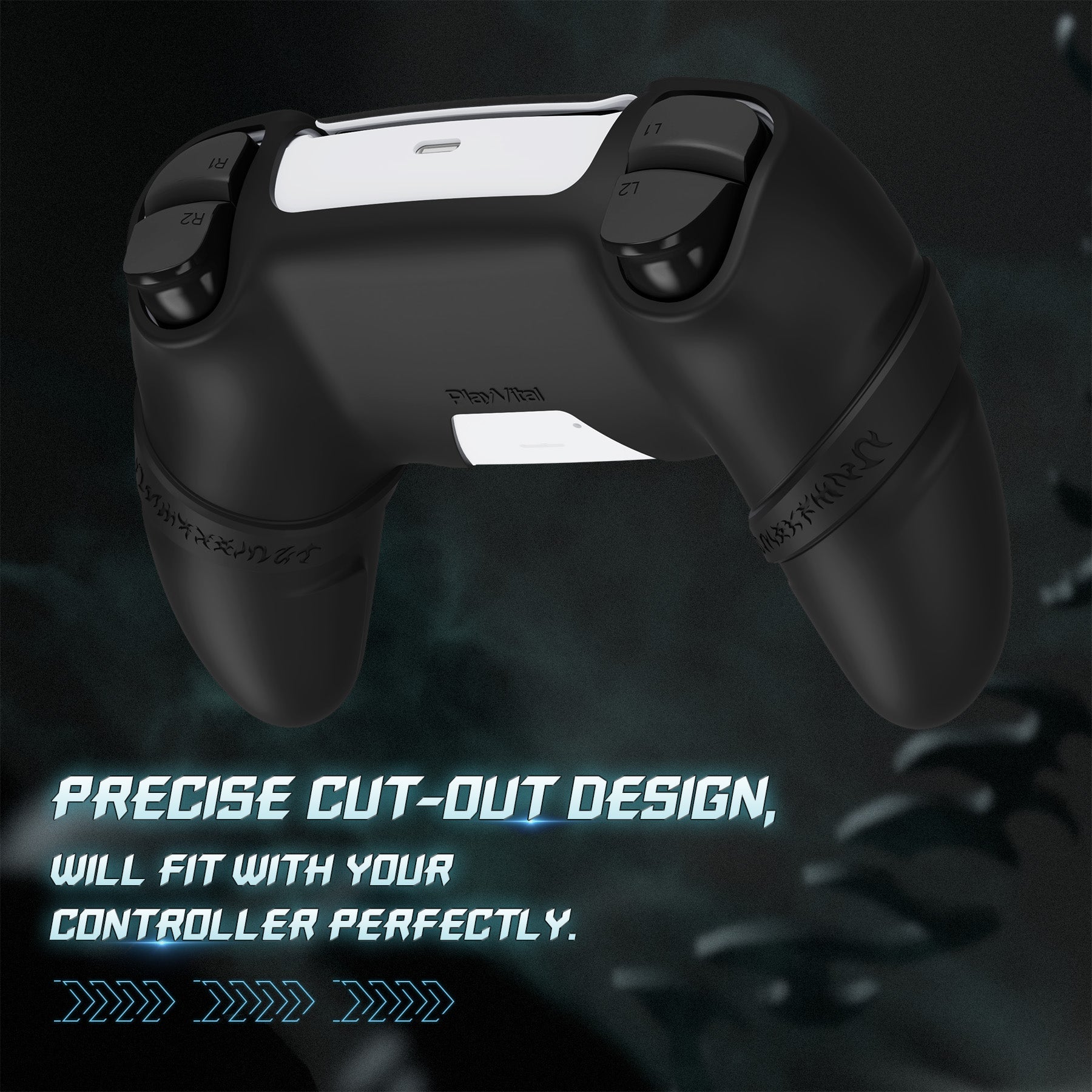 PlayVital Runes Edition Silicone Cover Skin for PS5 Controller with Thumb Grips & Touchpad Skin & D-pad Area Sticker, Compatible with PS5 Charging Dock - Black PlayVital
