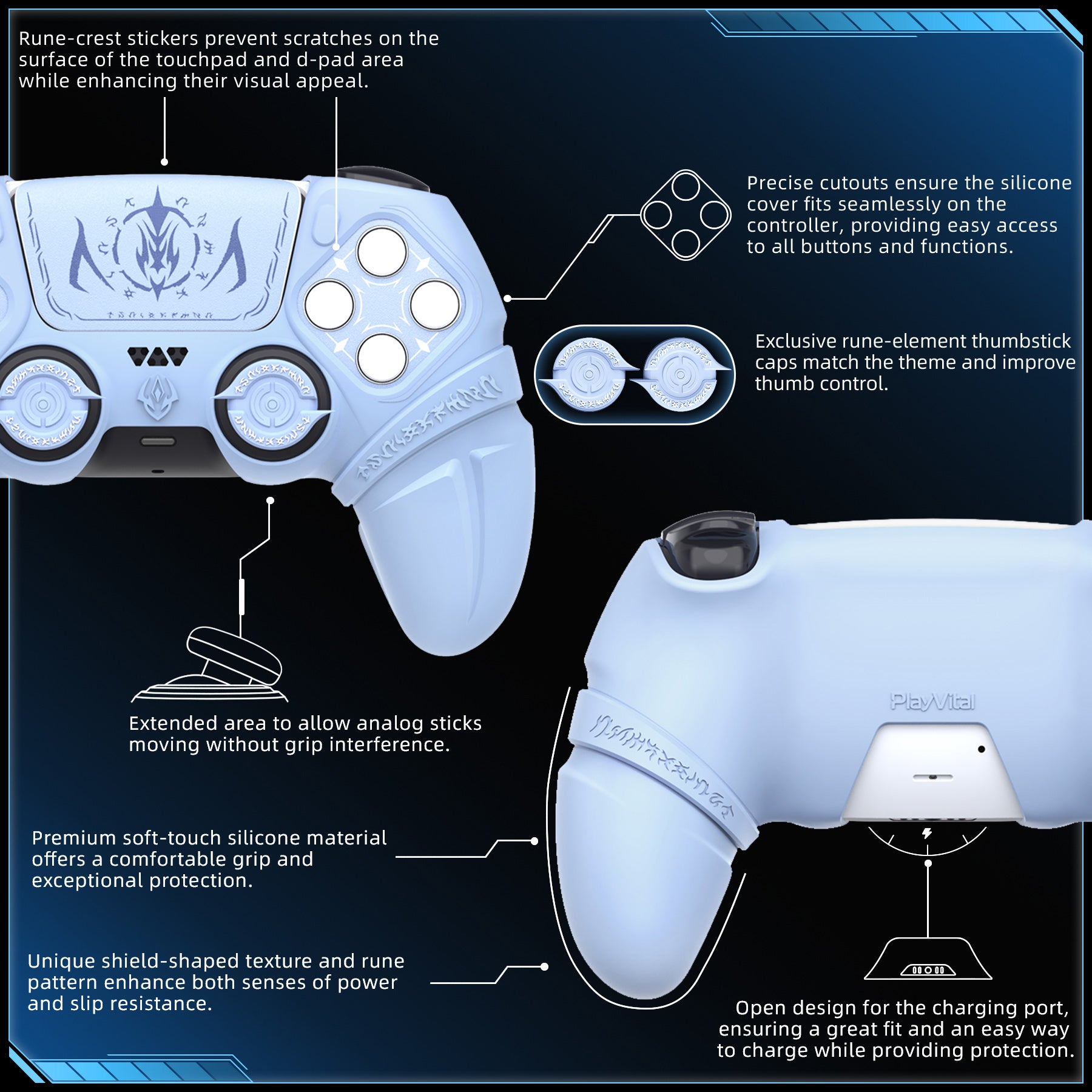 PlayVital Runes Edition Silicone Cover Skin for PS5 Controller with Thumb Grips & Touchpad Skin & D-pad Area Sticker, Compatible with PS5 Charging Dock - Blue PlayVital