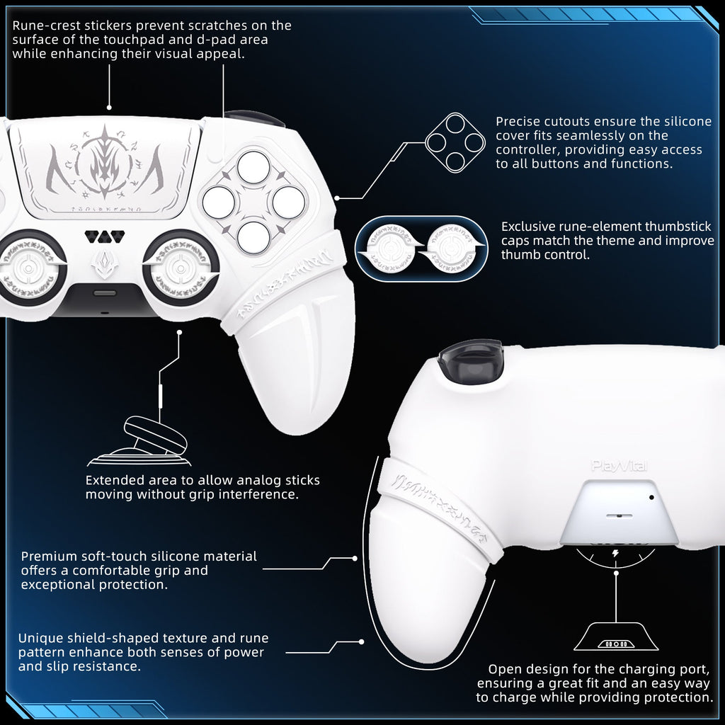 PlayVital Runes Edition Silicone Cover Skin for PS5 Controller with Thumb Grips & Touchpad Skin & D-pad Area Sticker, Compatible with PS5 Charging Dock - White PlayVital