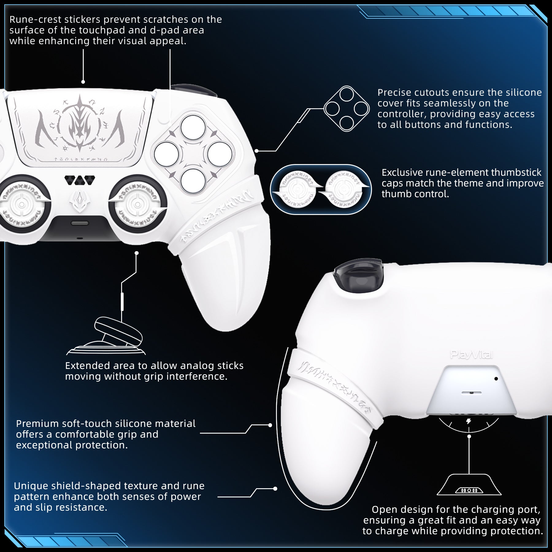 PlayVital Runes Edition Silicone Cover Skin for PS5 Controller with Thumb Grips & Touchpad Skin & D-pad Area Sticker, Compatible with PS5 Charging Dock - White PlayVital