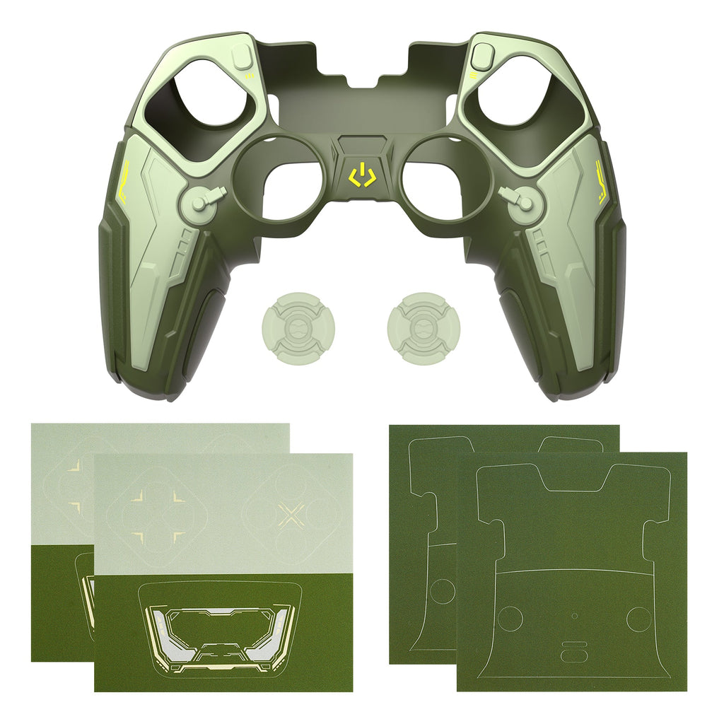 PlayVital Stellar Mecha Silicone Case with Joystick Cap & Sticker for PS5 Edge Controller, Anti-slip Grip Protector for PS5 Edge Controller - Army Green & Sage Green PlayVital