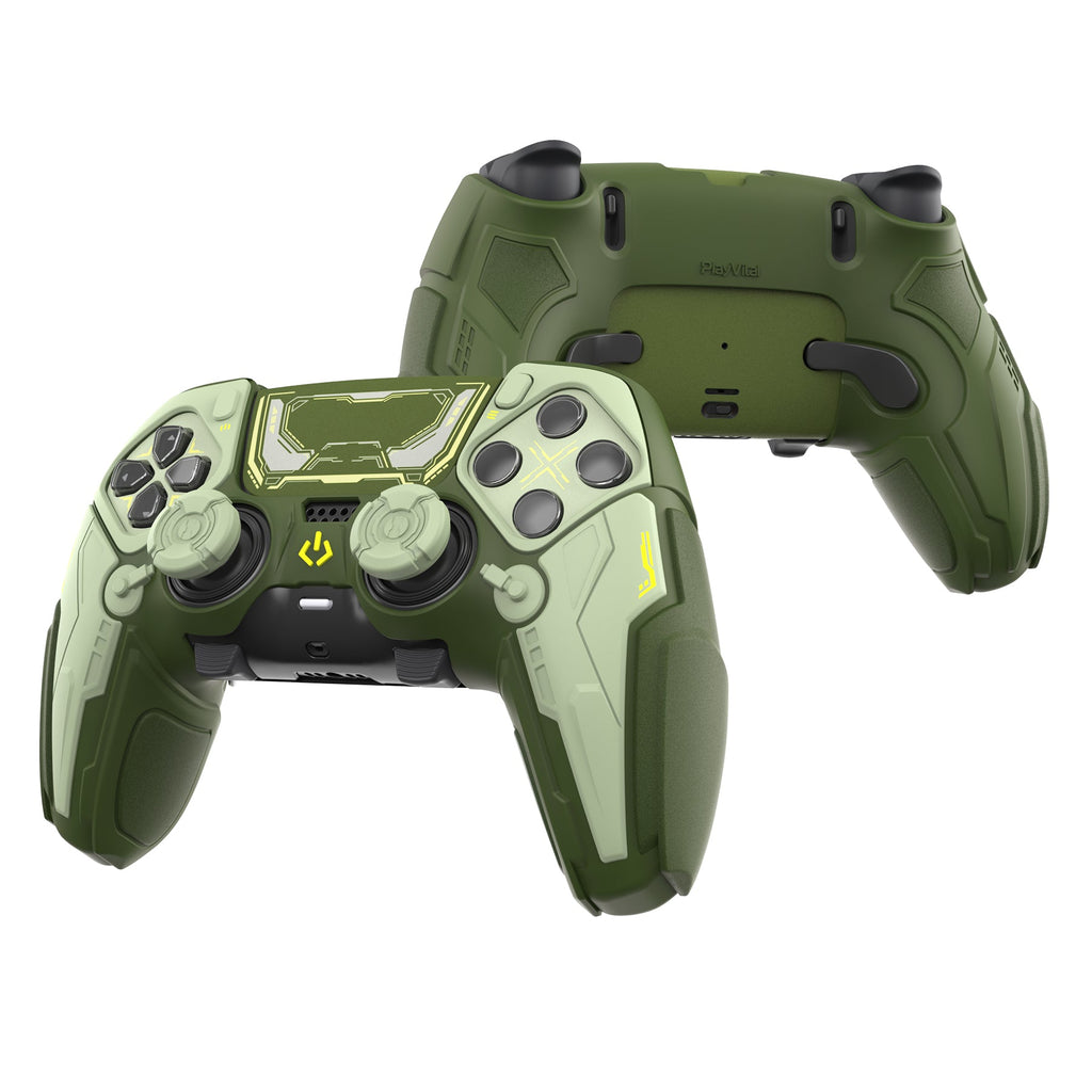 PlayVital Stellar Mecha Silicone Case with Joystick Cap & Sticker for PS5 Edge Controller, Anti-slip Grip Protector for PS5 Edge Controller - Army Green & Sage Green PlayVital