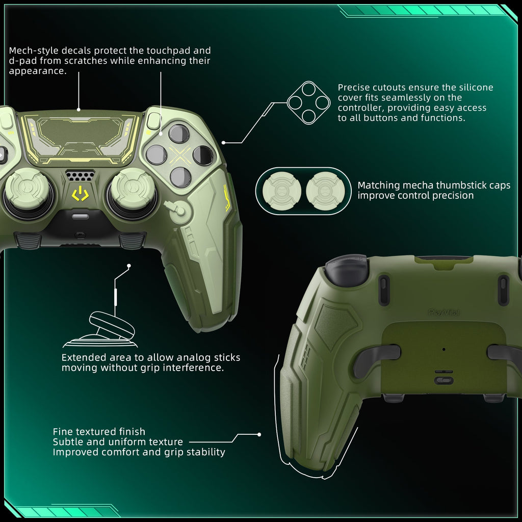 PlayVital Stellar Mecha Silicone Case with Joystick Cap & Sticker for PS5 Edge Controller, Anti-slip Grip Protector for PS5 Edge Controller - Army Green & Sage Green PlayVital