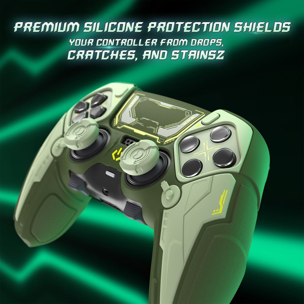 PlayVital Stellar Mecha Silicone Case with Joystick Cap & Sticker for PS5 Edge Controller, Anti-slip Grip Protector for PS5 Edge Controller - Army Green & Sage Green PlayVital
