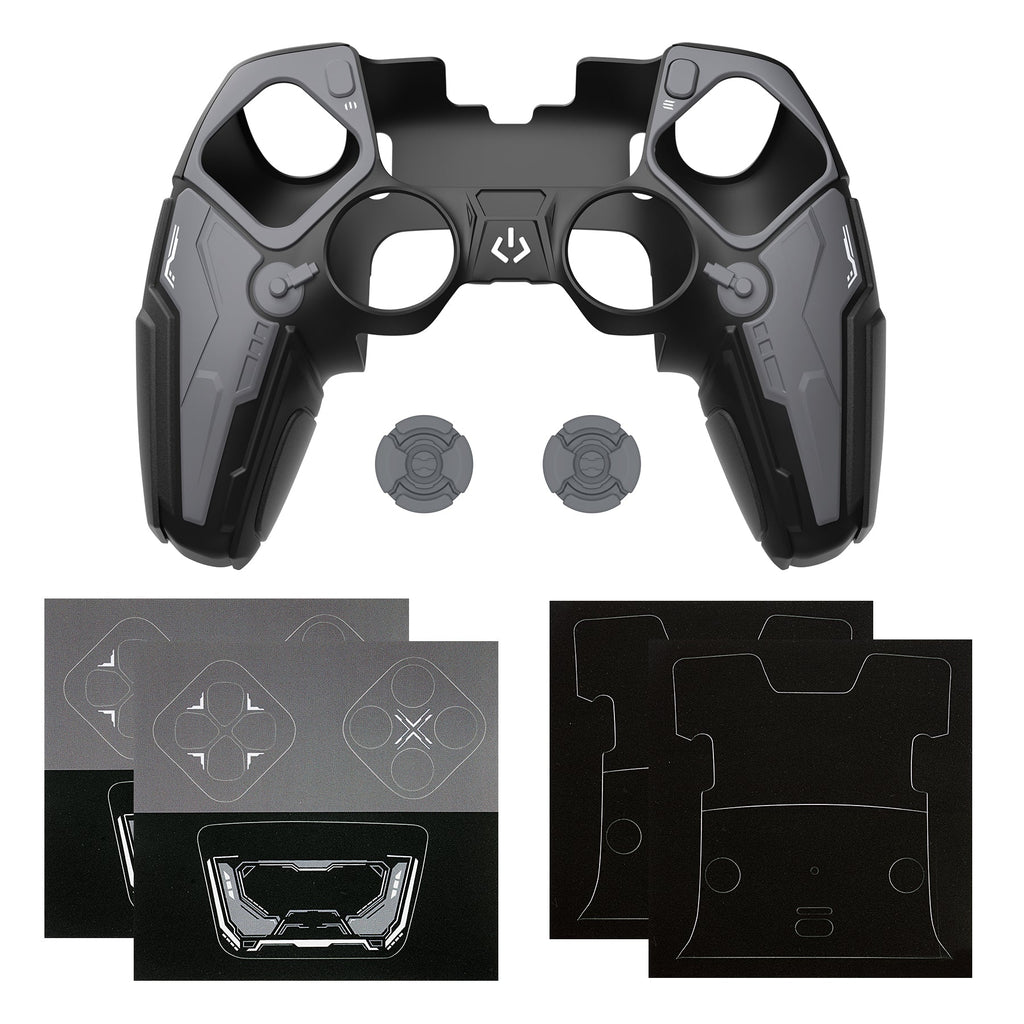 PlayVital Stellar Mecha Silicone Case with Joystick Cap & Sticker for PS5 Edge Controller, Anti-slip Grip Protector for PS5 Edge Controller - Black & Gunmetal Gray PlayVital