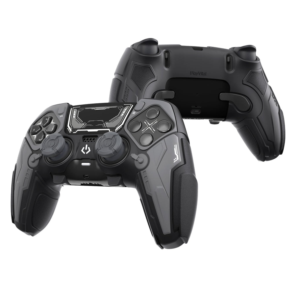 PlayVital Stellar Mecha Silicone Case with Joystick Cap & Sticker for PS5 Edge Controller, Anti-slip Grip Protector for PS5 Edge Controller - Black & Gunmetal Gray PlayVital
