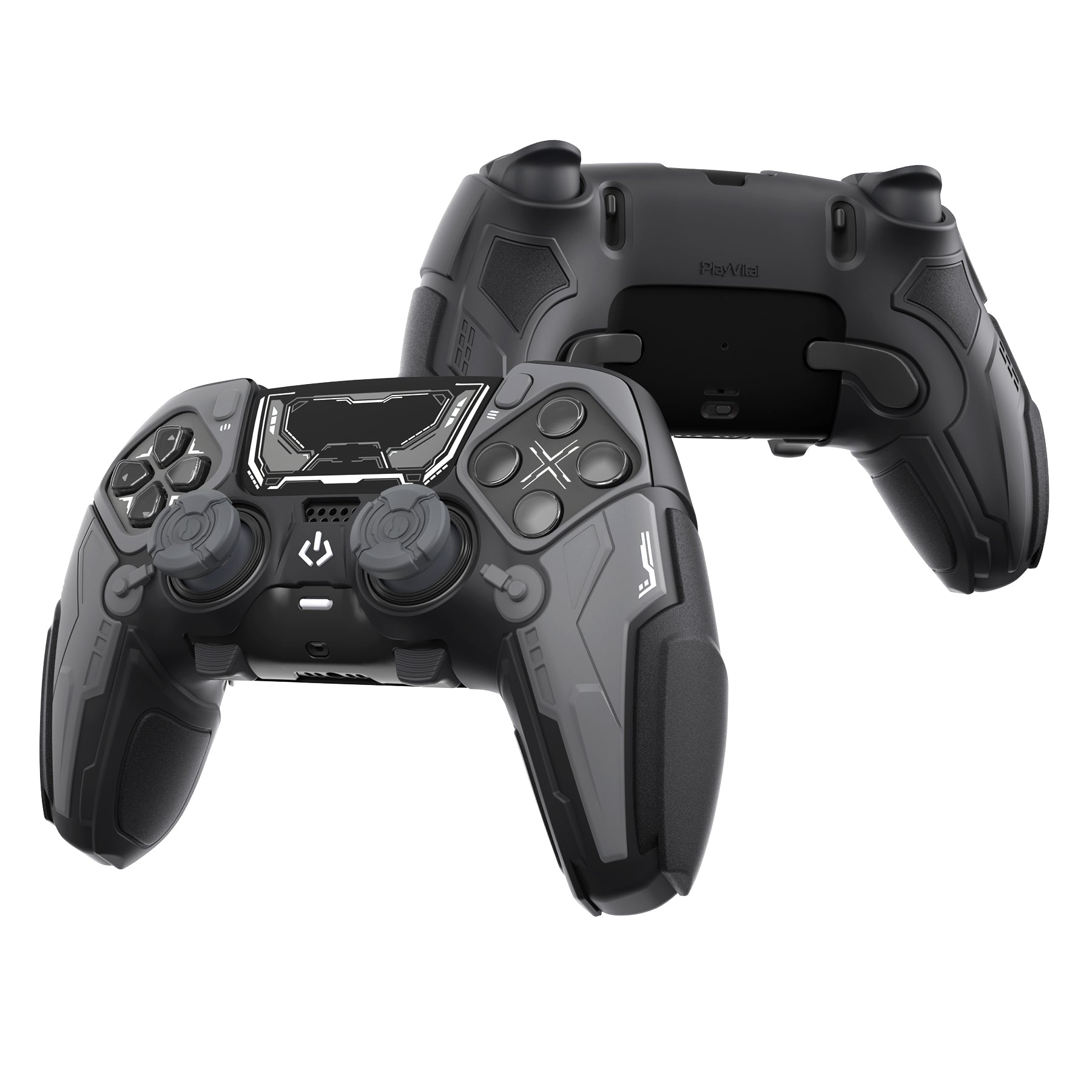 PlayVital Stellar Mecha Silicone Case with Joystick Cap & Sticker for PS5 Edge Controller, Anti-slip Grip Protector for PS5 Edge Controller - Black & Gunmetal Gray PlayVital