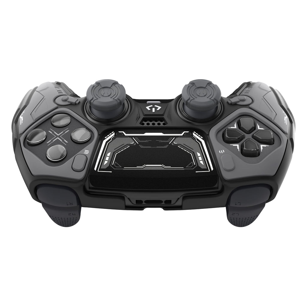 PlayVital Stellar Mecha Silicone Case with Joystick Cap & Sticker for PS5 Edge Controller, Anti-slip Grip Protector for PS5 Edge Controller - Black & Gunmetal Gray PlayVital