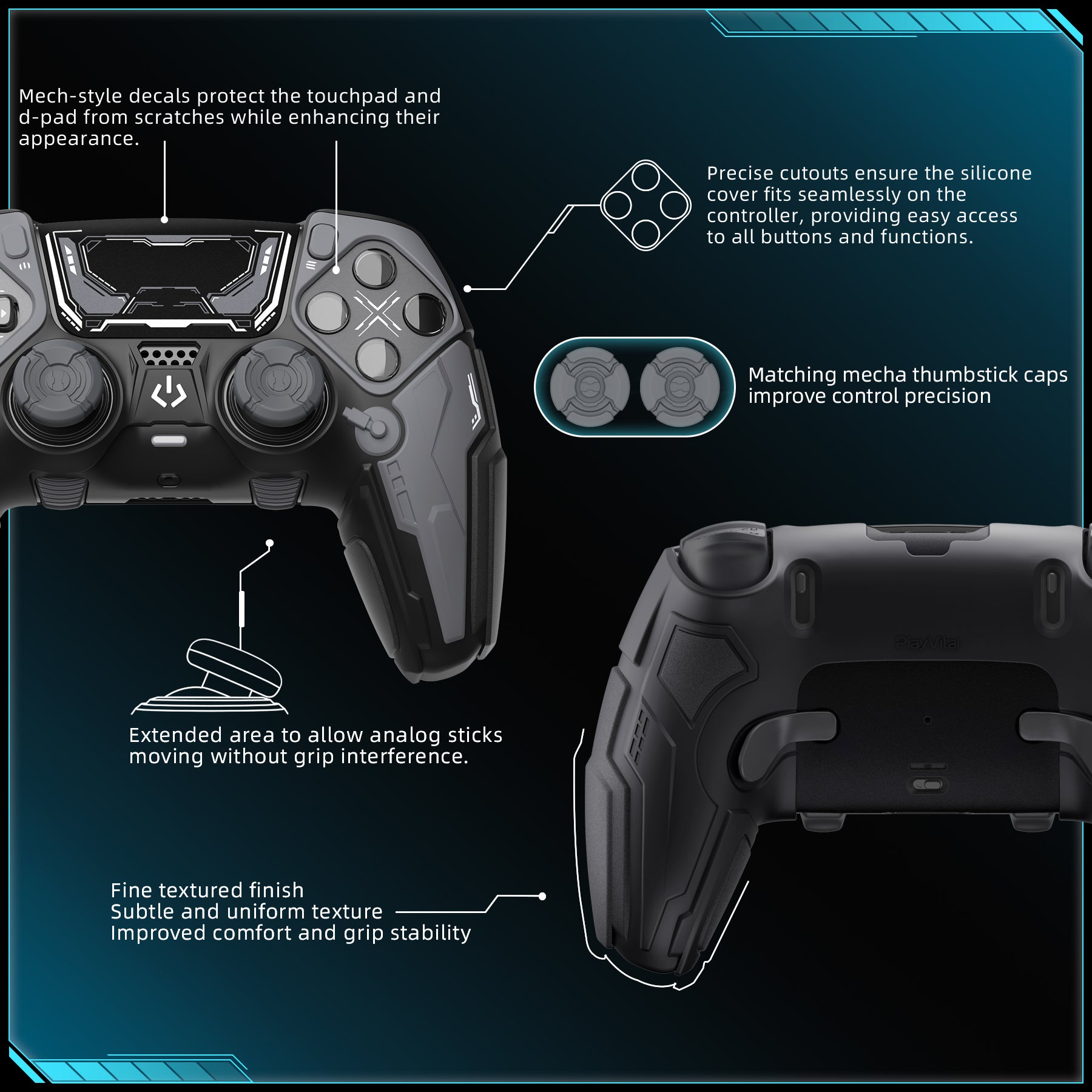 PlayVital Stellar Mecha Silicone Case with Joystick Cap & Sticker for PS5 Edge Controller, Anti-slip Grip Protector for PS5 Edge Controller - Black & Gunmetal Gray PlayVital