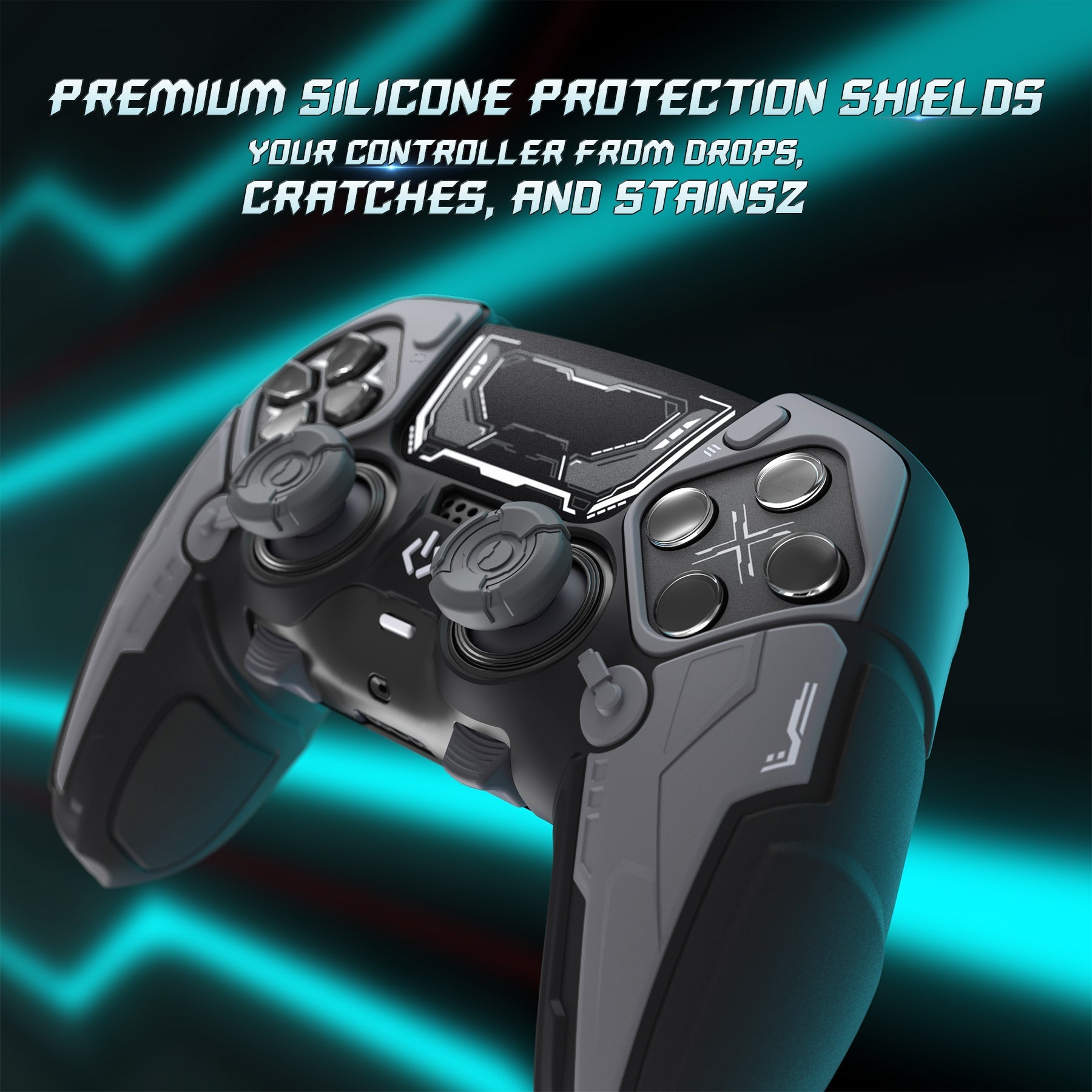 PlayVital Stellar Mecha Silicone Case with Joystick Cap & Sticker for PS5 Edge Controller, Anti-slip Grip Protector for PS5 Edge Controller - Black & Gunmetal Gray PlayVital