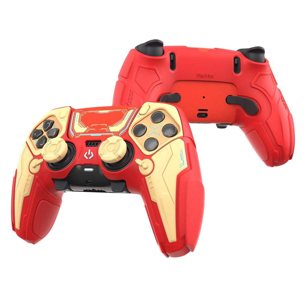 PlayVital Stellar Mecha Silicone Case with Joystick Cap & Sticker for PS5 Edge Controller, Anti-slip Grip Protector for PS5 Edge Controller - Crimson Red & Iron Yellow PlayVital