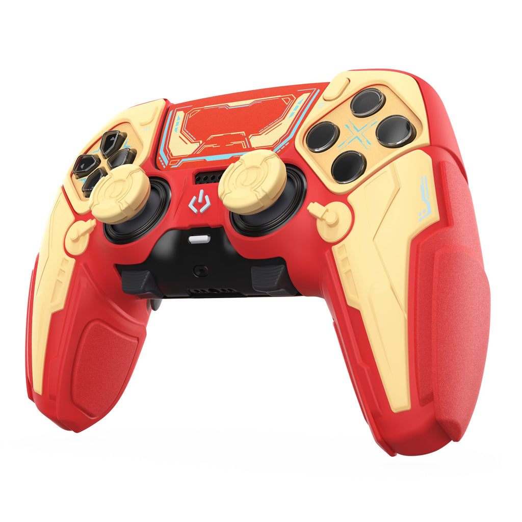PlayVital Stellar Mecha Silicone Case with Joystick Cap & Sticker for PS5 Edge Controller, Anti-slip Grip Protector for PS5 Edge Controller - Crimson Red & Iron Yellow PlayVital