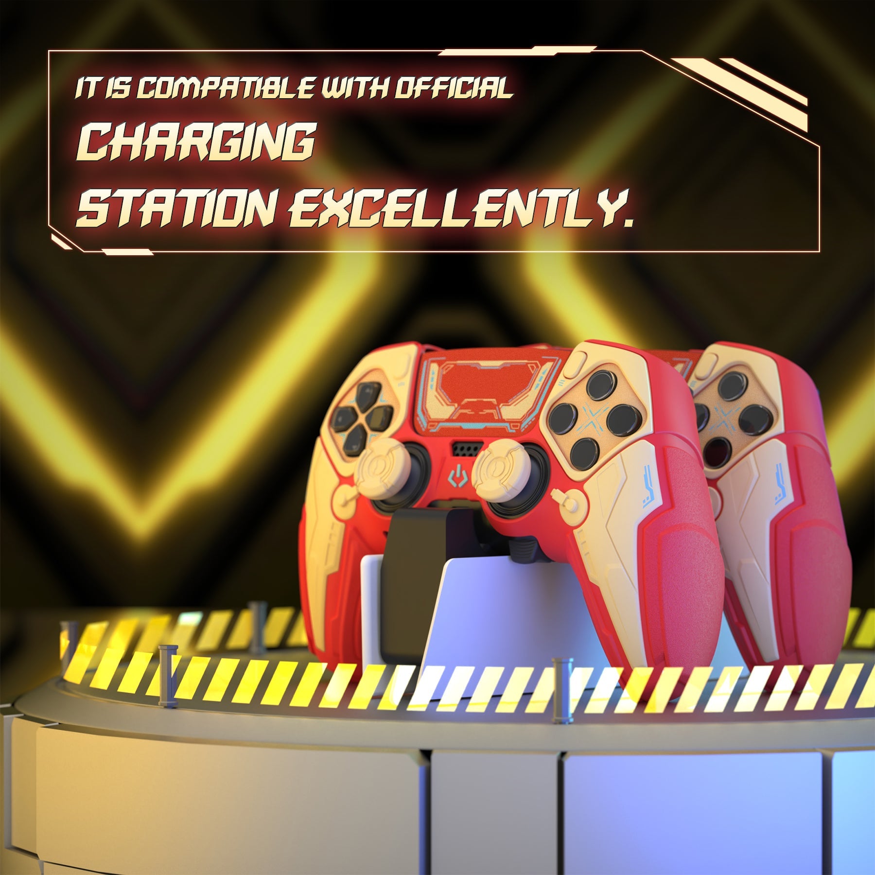 PlayVital Stellar Mecha Silicone Case with Joystick Cap & Sticker for PS5 Edge Controller, Anti-slip Grip Protector for PS5 Edge Controller - Crimson Red & Iron Yellow PlayVital