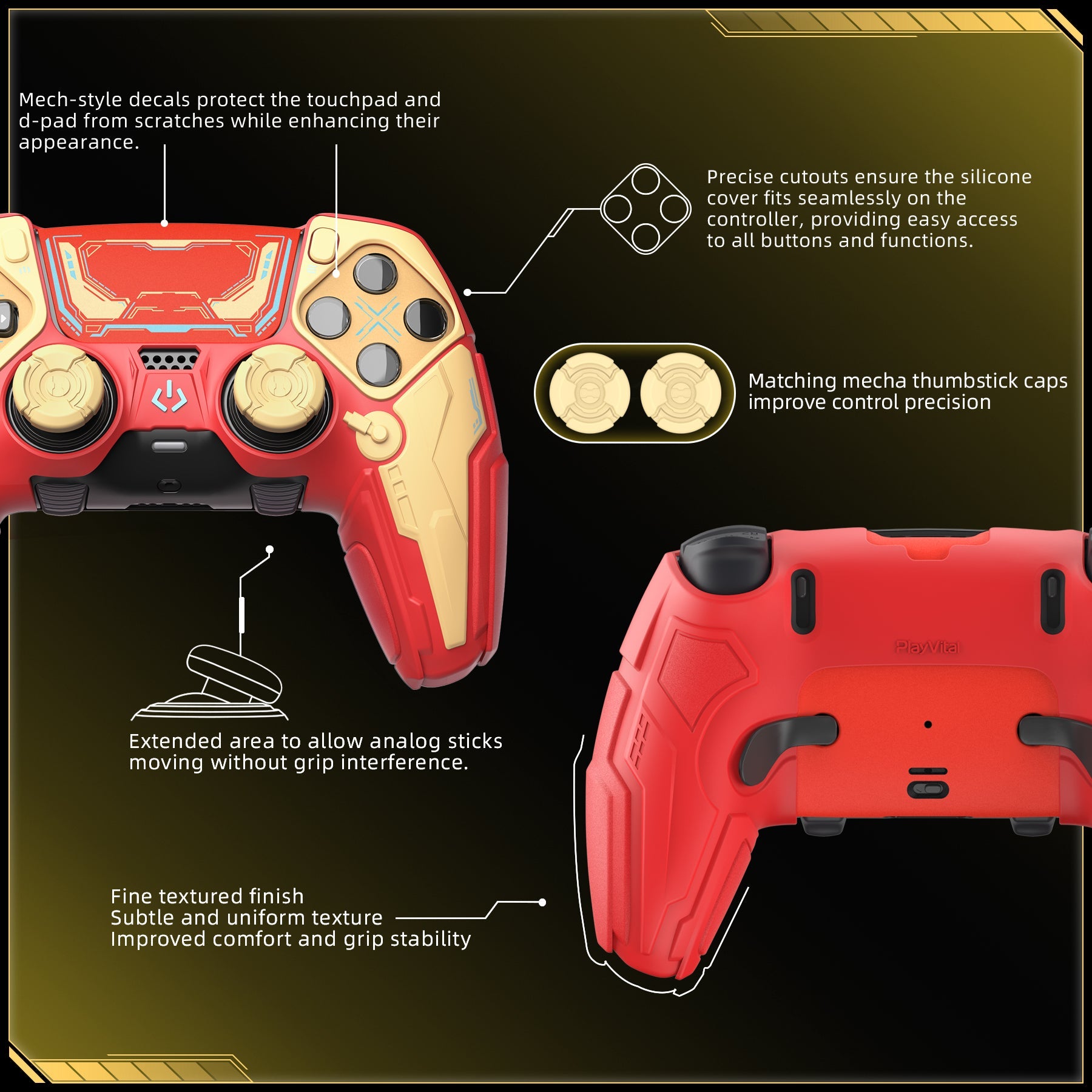 PlayVital Stellar Mecha Silicone Case with Joystick Cap & Sticker for PS5 Edge Controller, Anti-slip Grip Protector for PS5 Edge Controller - Crimson Red & Iron Yellow PlayVital