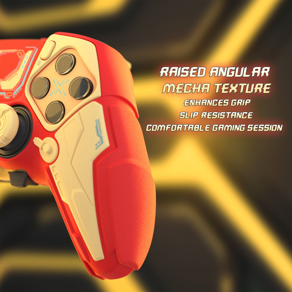 PlayVital Stellar Mecha Silicone Case with Joystick Cap & Sticker for PS5 Edge Controller, Anti-slip Grip Protector for PS5 Edge Controller - Crimson Red & Iron Yellow PlayVital