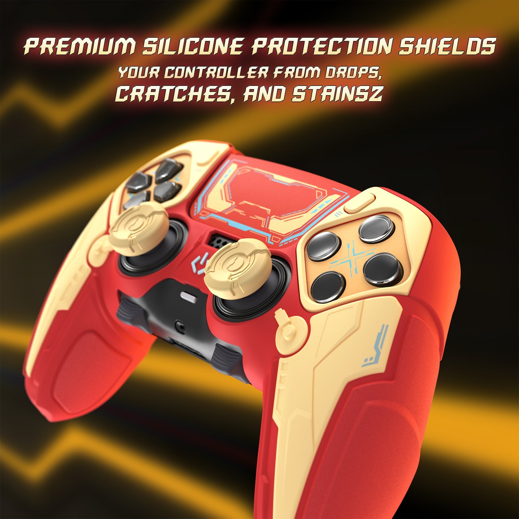 PlayVital Stellar Mecha Silicone Case with Joystick Cap & Sticker for PS5 Edge Controller, Anti-slip Grip Protector for PS5 Edge Controller - Crimson Red & Iron Yellow PlayVital