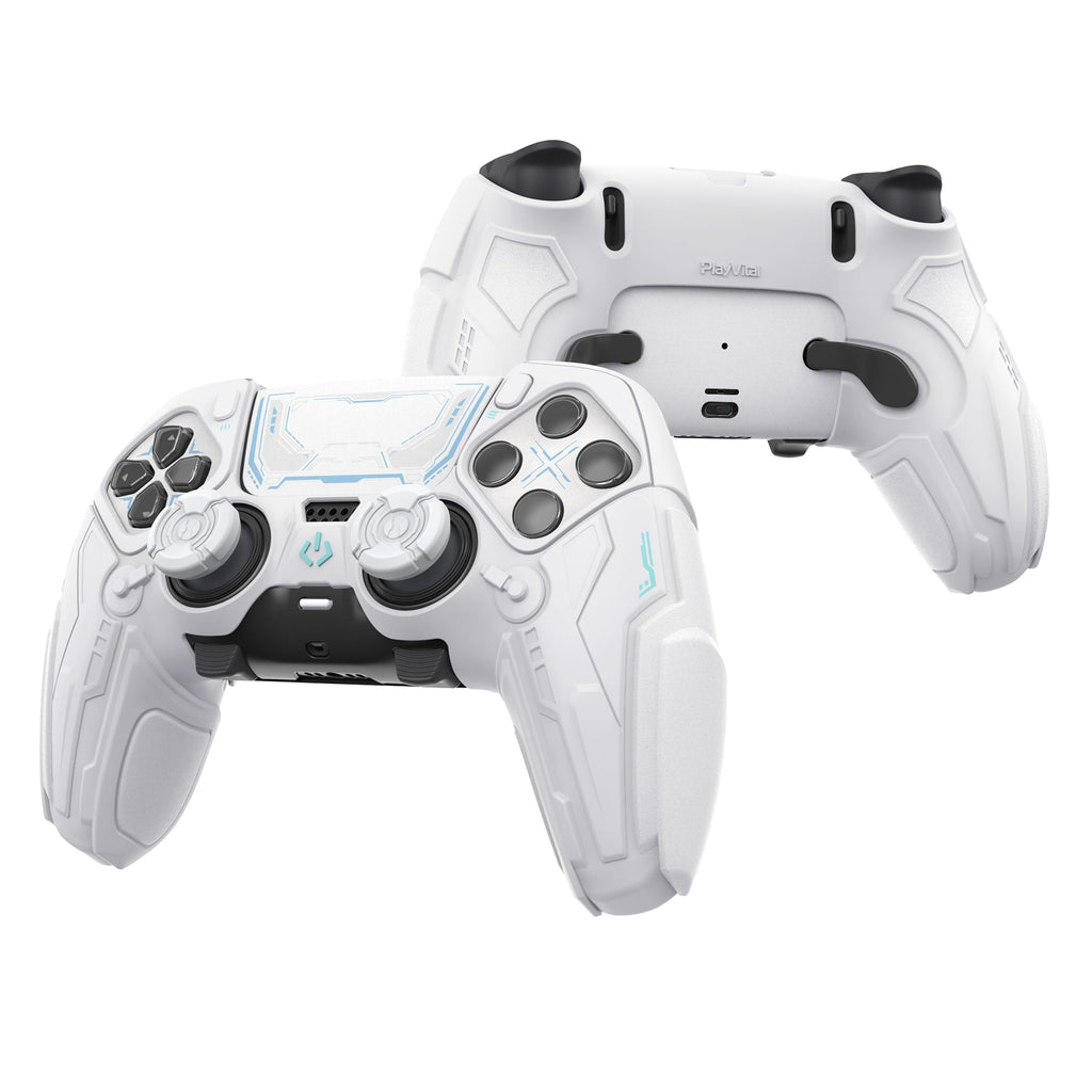 PlayVital Stellar Mecha Silicone Case with Joystick Cap & Sticker for PS5 Edge Controller, Anti-slip Grip Protector for PS5 Edge Controller - White & Frost Gray PlayVital