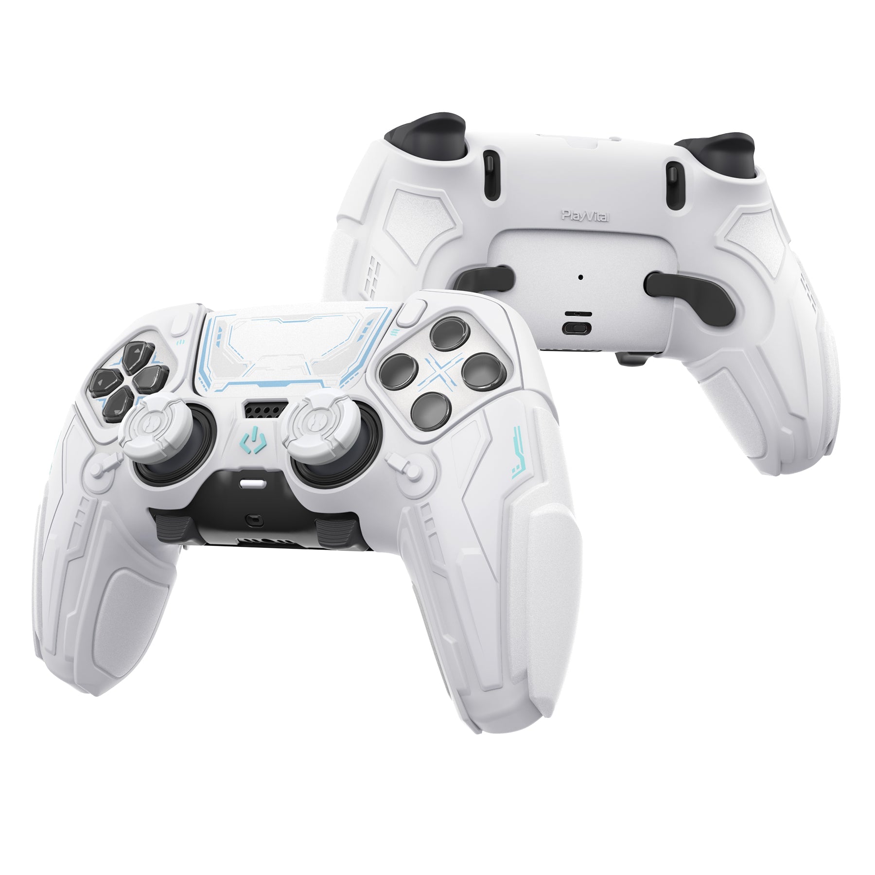 PlayVital Stellar Mecha Silicone Case with Joystick Cap & Sticker for PS5 Edge Controller, Anti-slip Grip Protector for PS5 Edge Controller - White & Frost Gray PlayVital