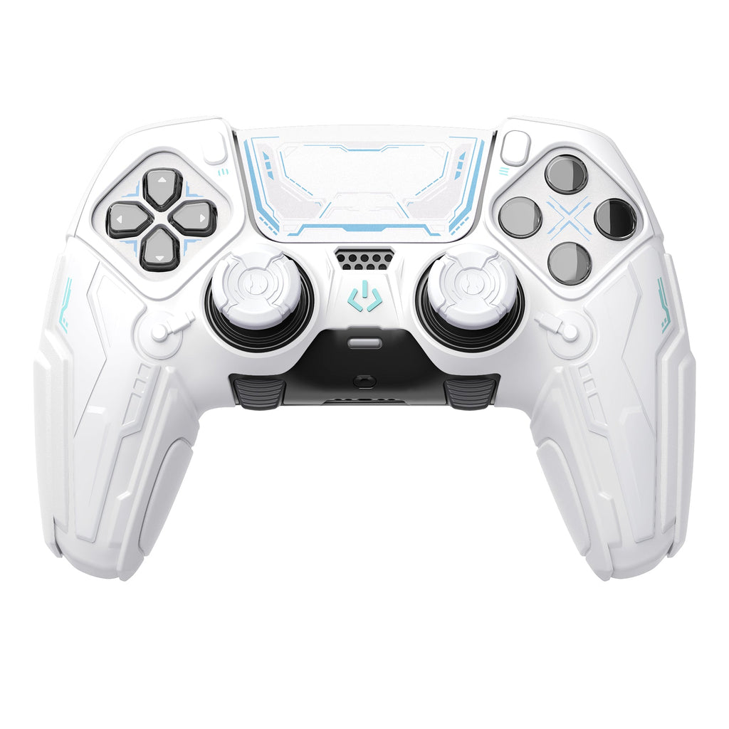 PlayVital Stellar Mecha Silicone Case with Joystick Cap & Sticker for PS5 Edge Controller, Anti-slip Grip Protector for PS5 Edge Controller - White & Frost Gray PlayVital