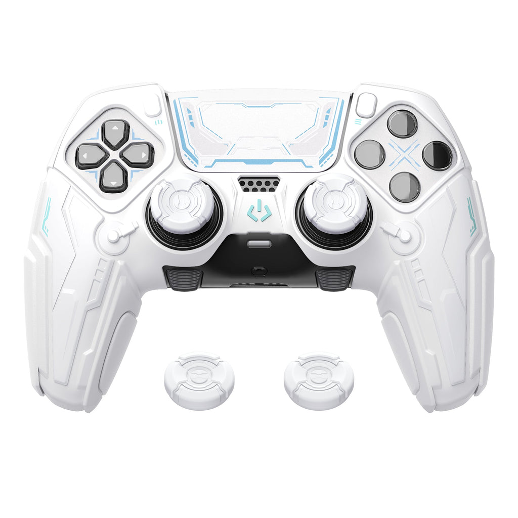 PlayVital Stellar Mecha Silicone Case with Joystick Cap & Sticker for PS5 Edge Controller, Anti-slip Grip Protector for PS5 Edge Controller - White & Frost Gray PlayVital