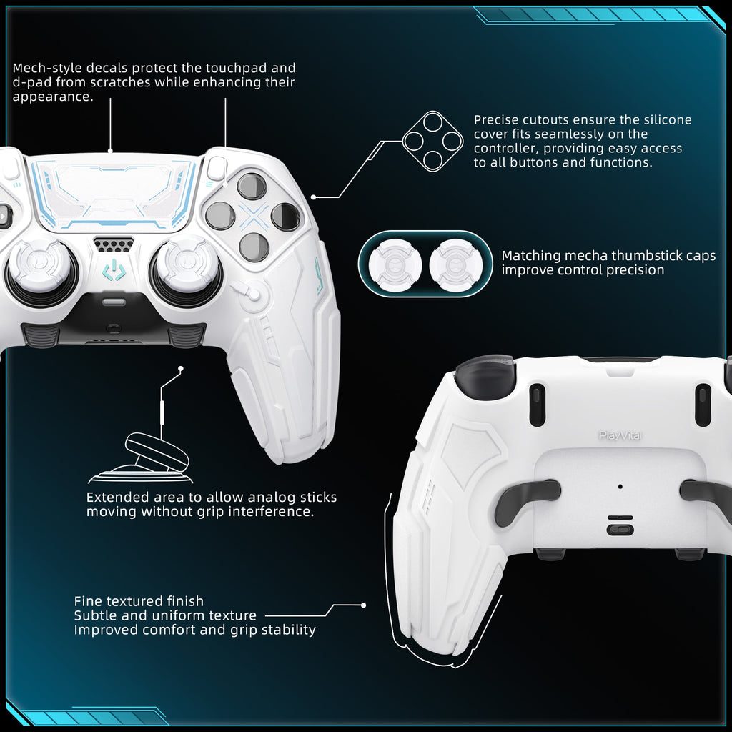PlayVital Stellar Mecha Silicone Case with Joystick Cap & Sticker for PS5 Edge Controller, Anti-slip Grip Protector for PS5 Edge Controller - White & Frost Gray PlayVital