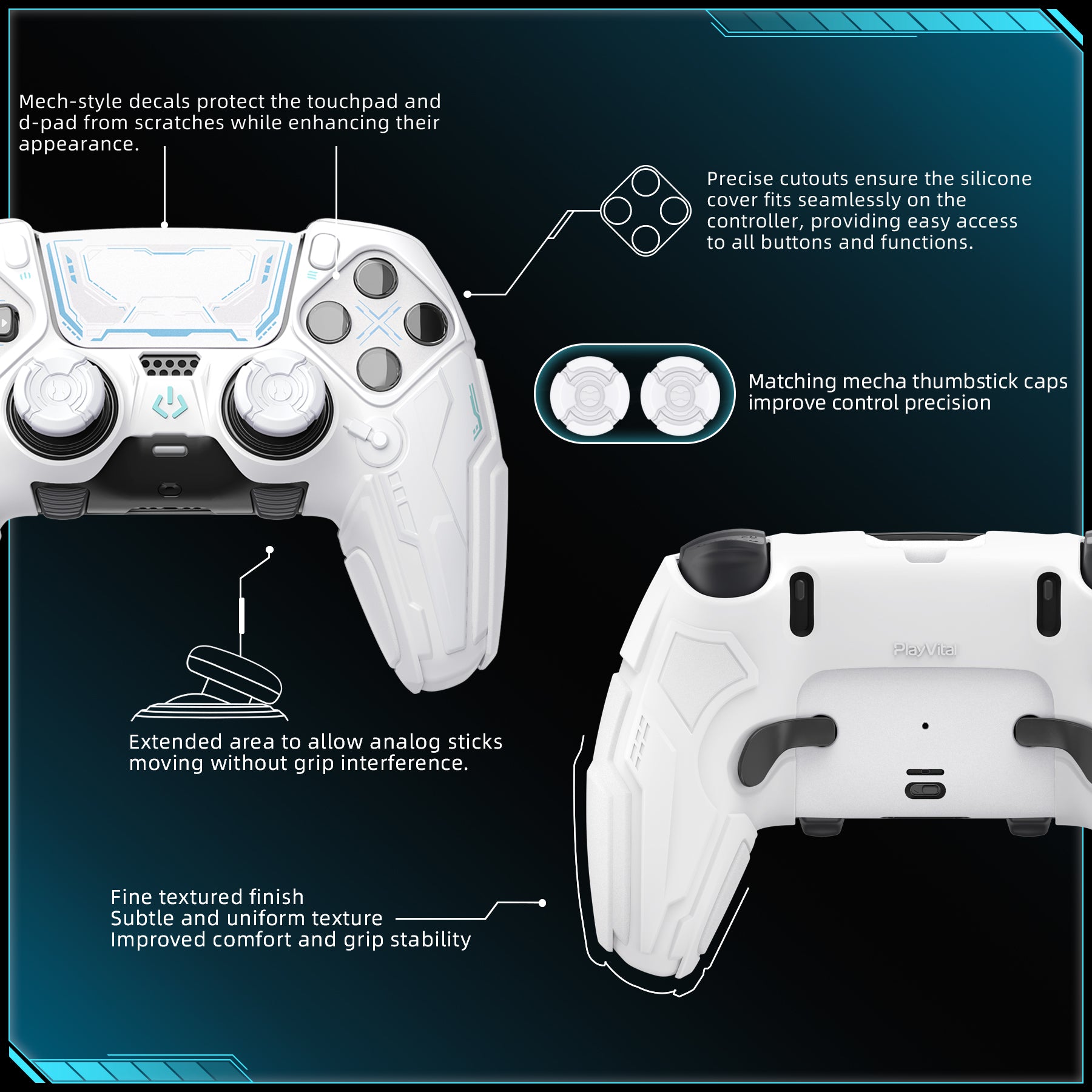 PlayVital Stellar Mecha Silicone Case with Joystick Cap & Sticker for PS5 Edge Controller, Anti-slip Grip Protector for PS5 Edge Controller - White & Frost Gray PlayVital