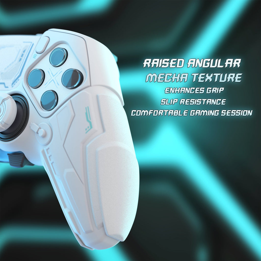 PlayVital Stellar Mecha Silicone Case with Joystick Cap & Sticker for PS5 Edge Controller, Anti-slip Grip Protector for PS5 Edge Controller - White & Frost Gray PlayVital