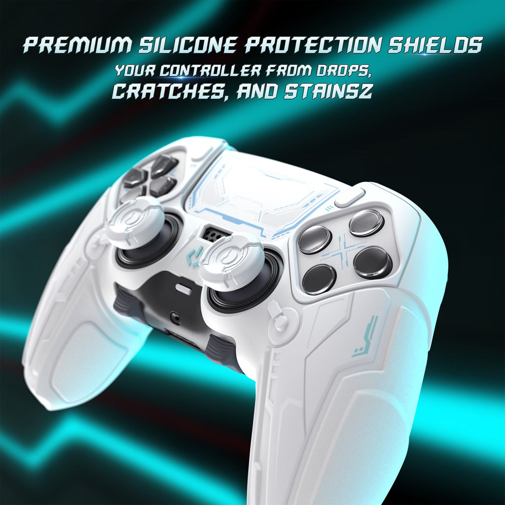 PlayVital Stellar Mecha Silicone Case with Joystick Cap & Sticker for PS5 Edge Controller, Anti-slip Grip Protector for PS5 Edge Controller - White & Frost Gray PlayVital