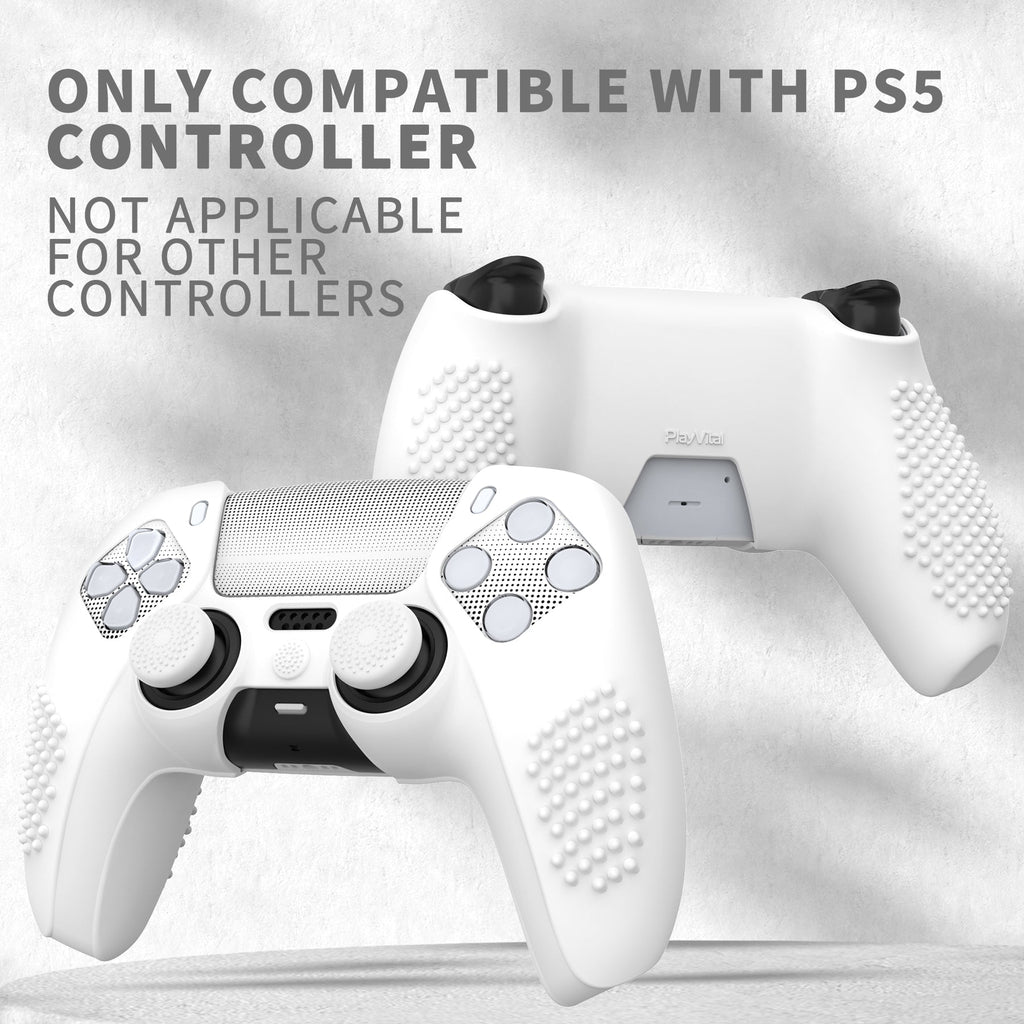 PlayVital 2 Set Upgraded 3D Studded Edition Anti-Slip Silicone Cover Skin with 6 Thumb Grips & 2 Stickers for PS5 Controller, Compatible with Charging Dock - White PlayVital